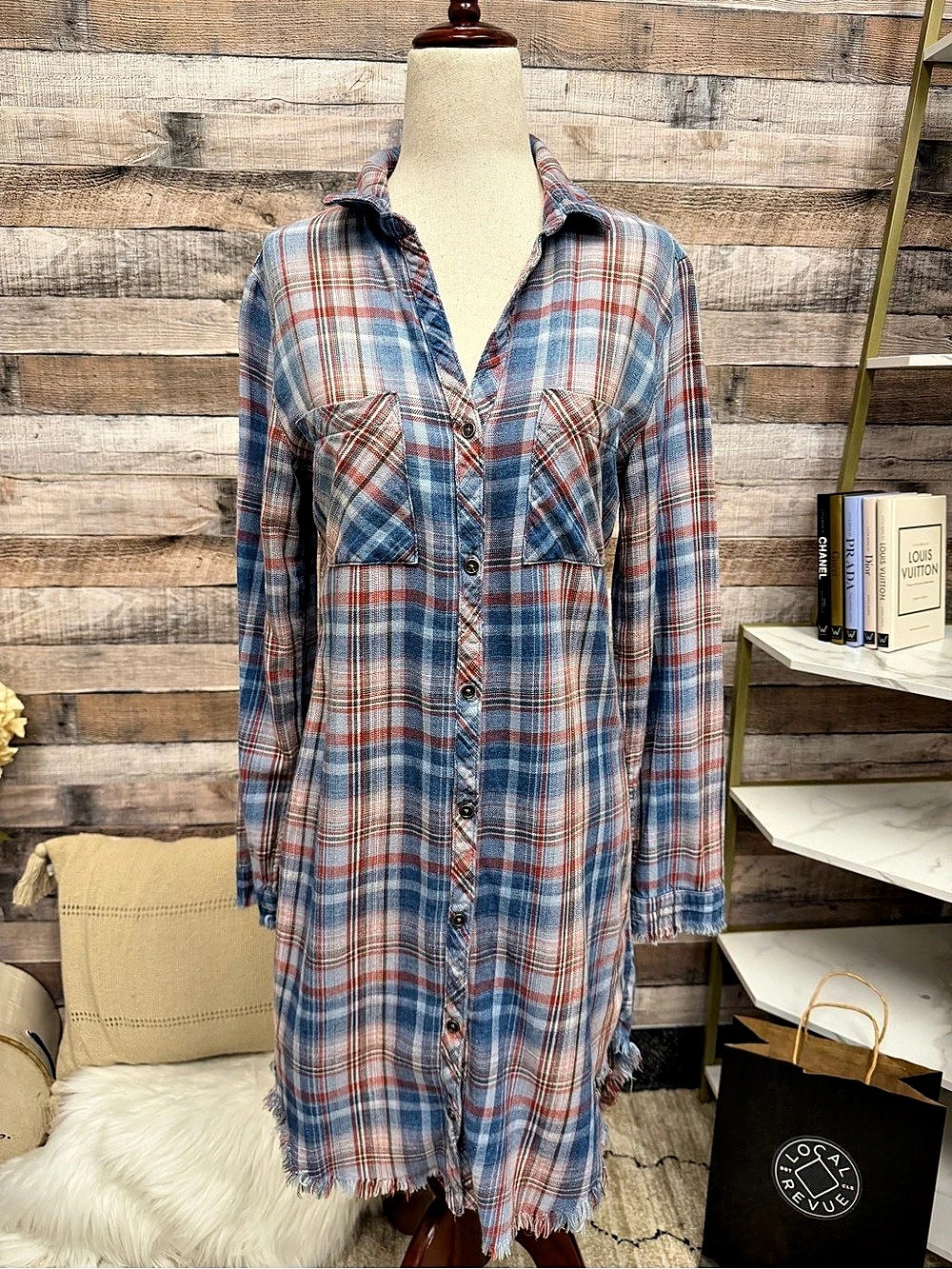Cloth & Stone Blue/Red Plaid Cotton Frayed Hem Dress XS